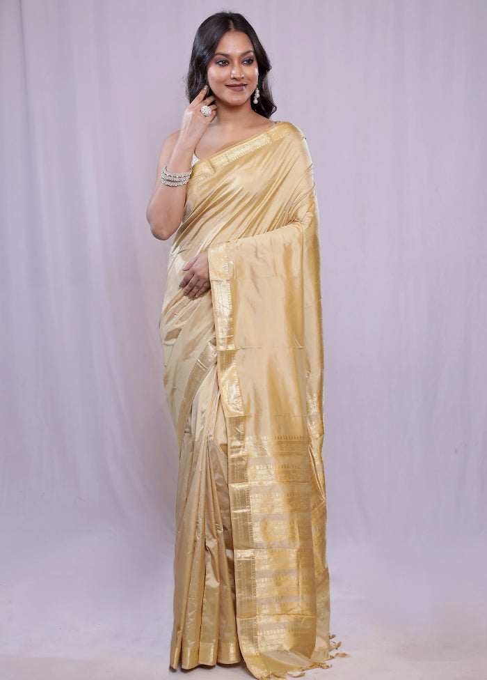 Cream Kanjivaram Pure Silk Saree With Blouse Piece - Indian Silk House Agencies