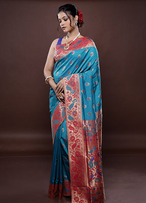 Blue Kanjivaram Silk Saree Without Blouse Piece - Indian Silk House Agencies