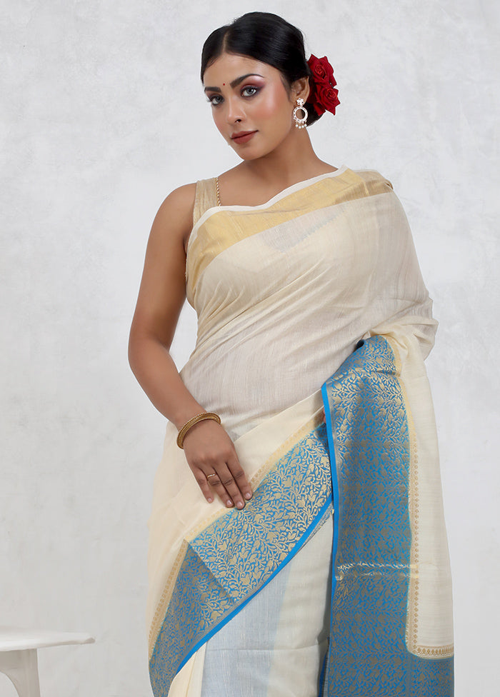 Cream Dupion Silk Saree Without Blouse Piece - Indian Silk House Agencies