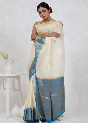 Cream Dupion Silk Saree Without Blouse Piece - Indian Silk House Agencies