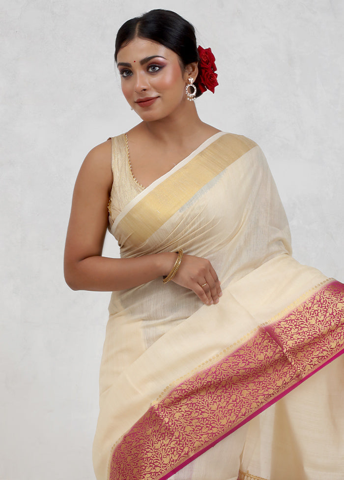 Cream Dupion Silk Saree Without Blouse Piece - Indian Silk House Agencies