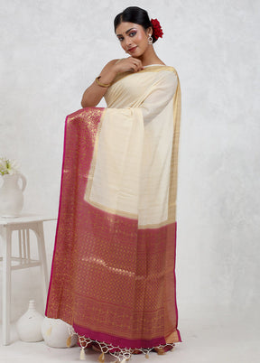 Cream Dupion Silk Saree Without Blouse Piece - Indian Silk House Agencies