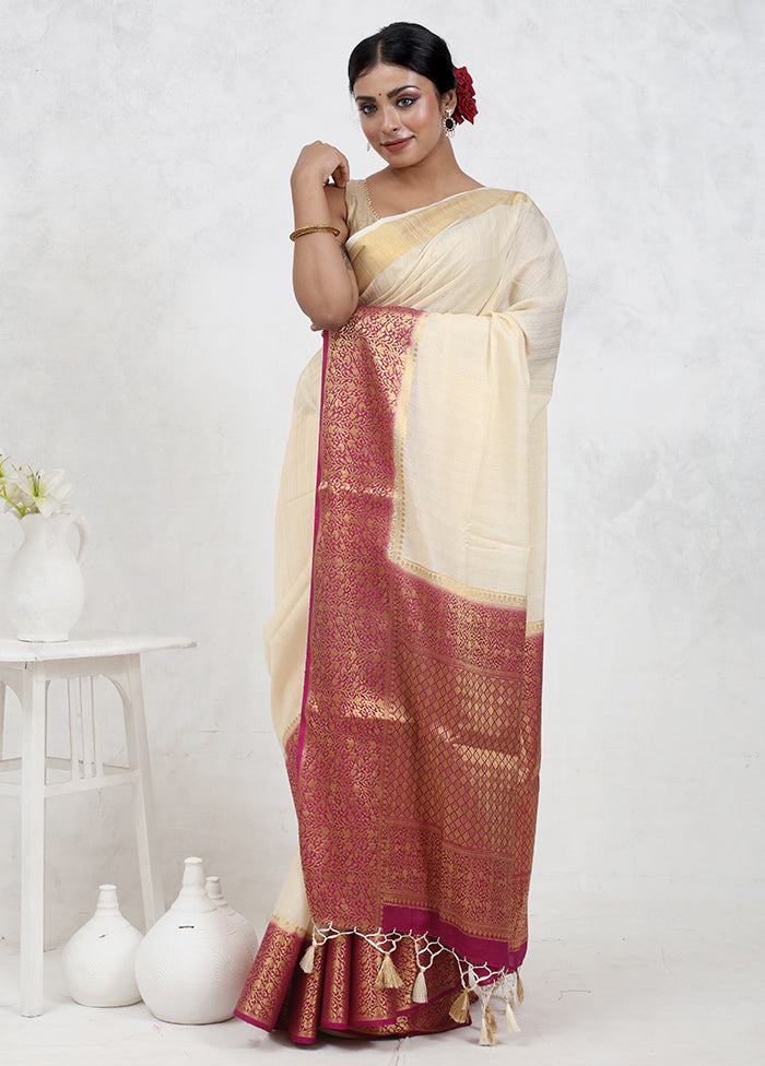 Cream Dupion Silk Saree Without Blouse Piece - Indian Silk House Agencies