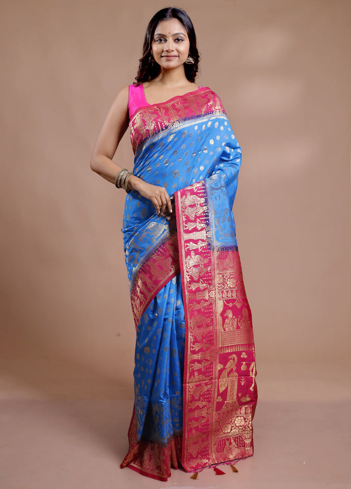 Blue Dupion Silk Saree With Blouse Piece