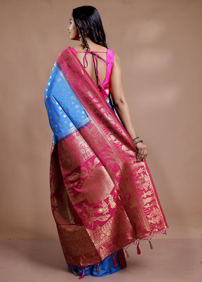 Blue Dupion Silk Saree With Blouse Piece