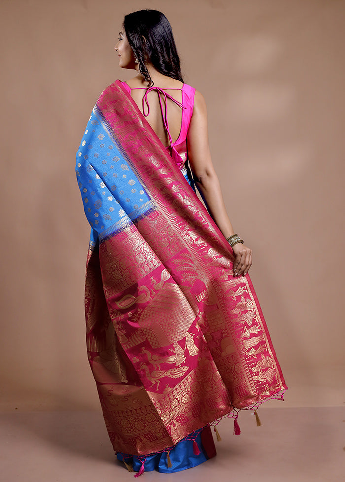 Blue Dupion Silk Saree With Blouse Piece