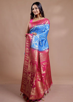 Blue Dupion Silk Saree With Blouse Piece