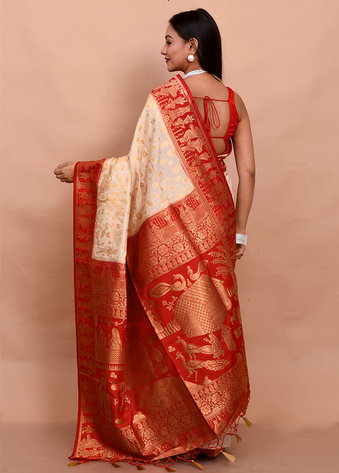 Cream Dupion Silk Saree With Blouse Piece - Indian Silk House Agencies