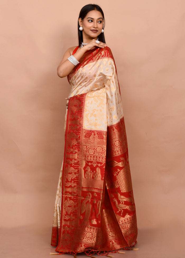 Cream Dupion Silk Saree With Blouse Piece - Indian Silk House Agencies