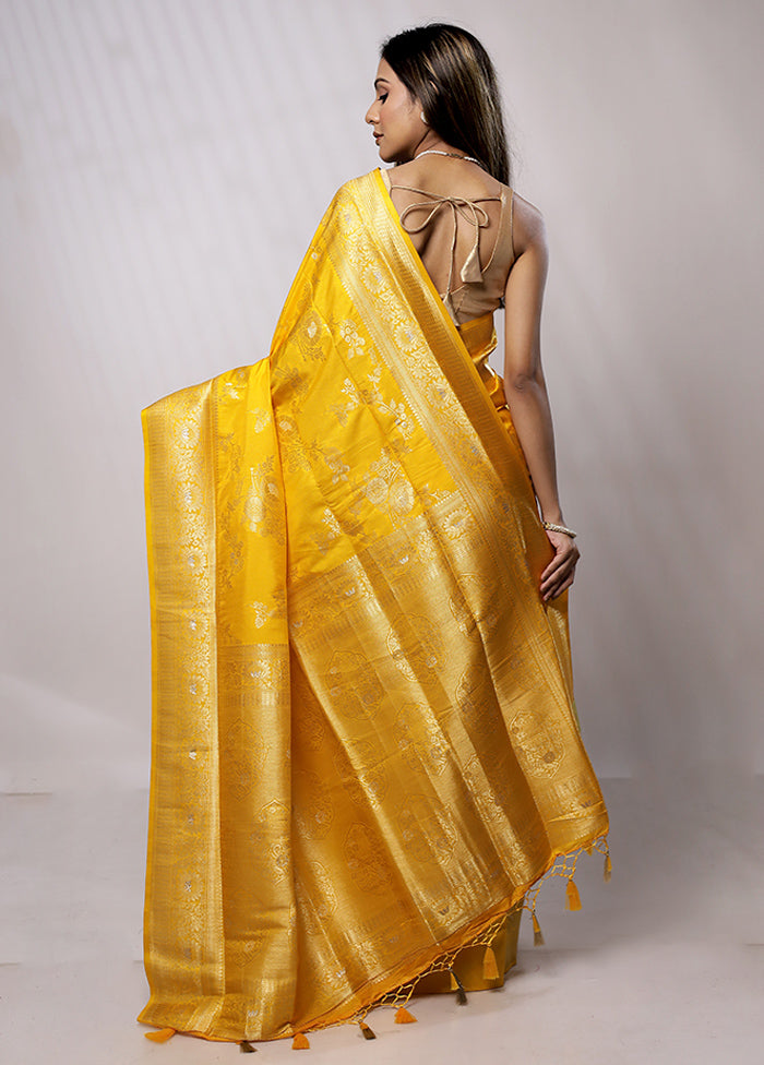 Yellow Dupion Silk Saree With Blouse Piece