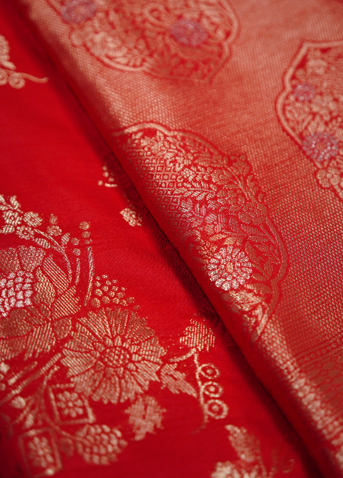 Red Dupion Silk Saree Without Blouse Piece - Indian Silk House Agencies