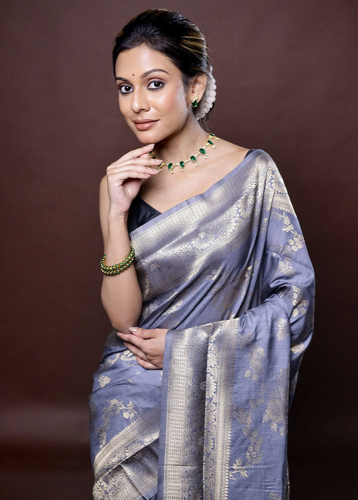 Grey Dupion Silk Saree Without Blouse Piece - Indian Silk House Agencies