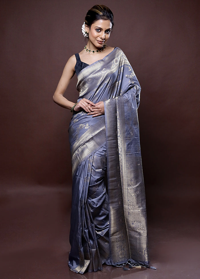 Grey Dupion Silk Saree Without Blouse Piece - Indian Silk House Agencies