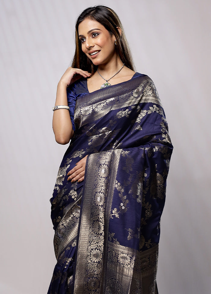 Blue Dupion Silk Saree With Blouse Piece