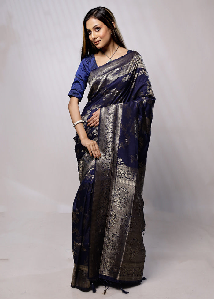 Blue Dupion Silk Saree With Blouse Piece