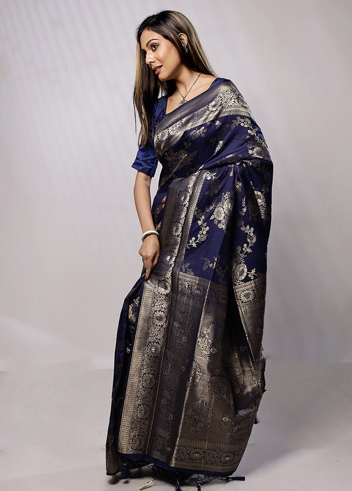 Blue Dupion Silk Saree With Blouse Piece - Indian Silk House Agencies