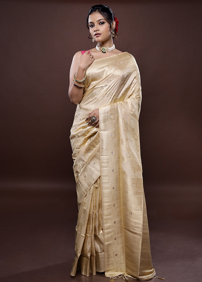 Cream Dupion Silk Saree Without Blouse Piece - Indian Silk House Agencies