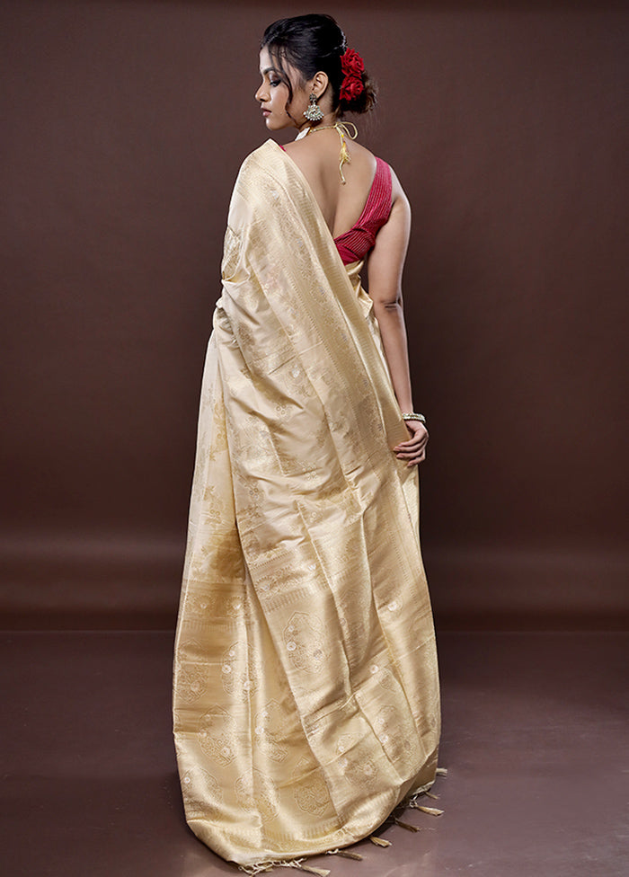 Cream Dupion Silk Saree Without Blouse Piece - Indian Silk House Agencies