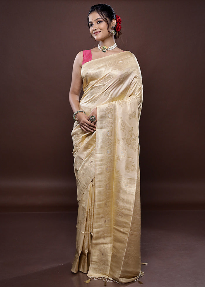 Cream Dupion Silk Saree Without Blouse Piece - Indian Silk House Agencies