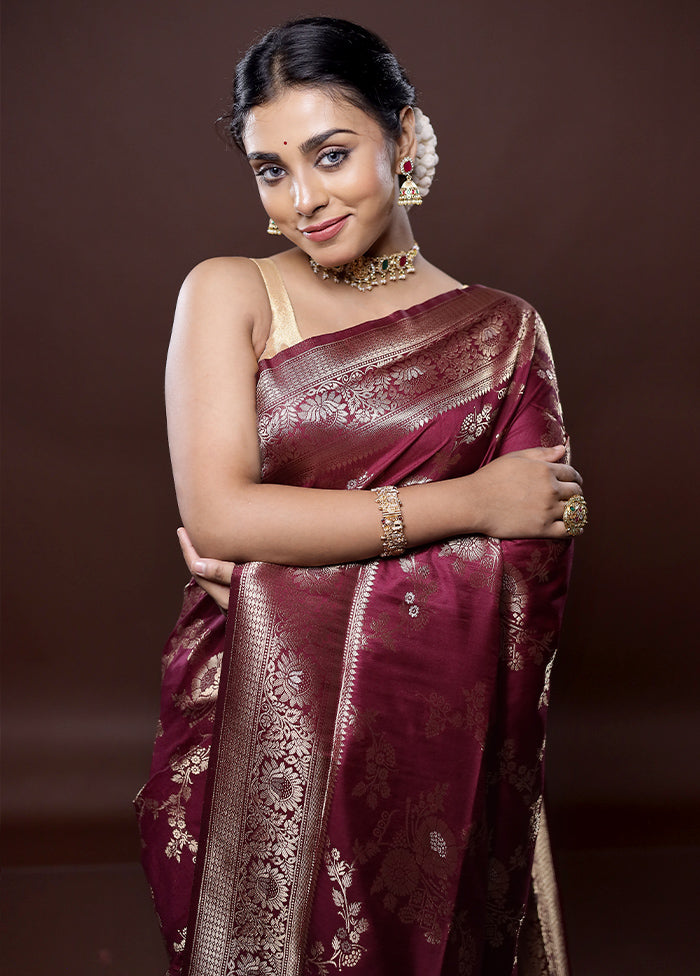 Maroon Dupion Silk Saree Without Blouse Piece - Indian Silk House Agencies