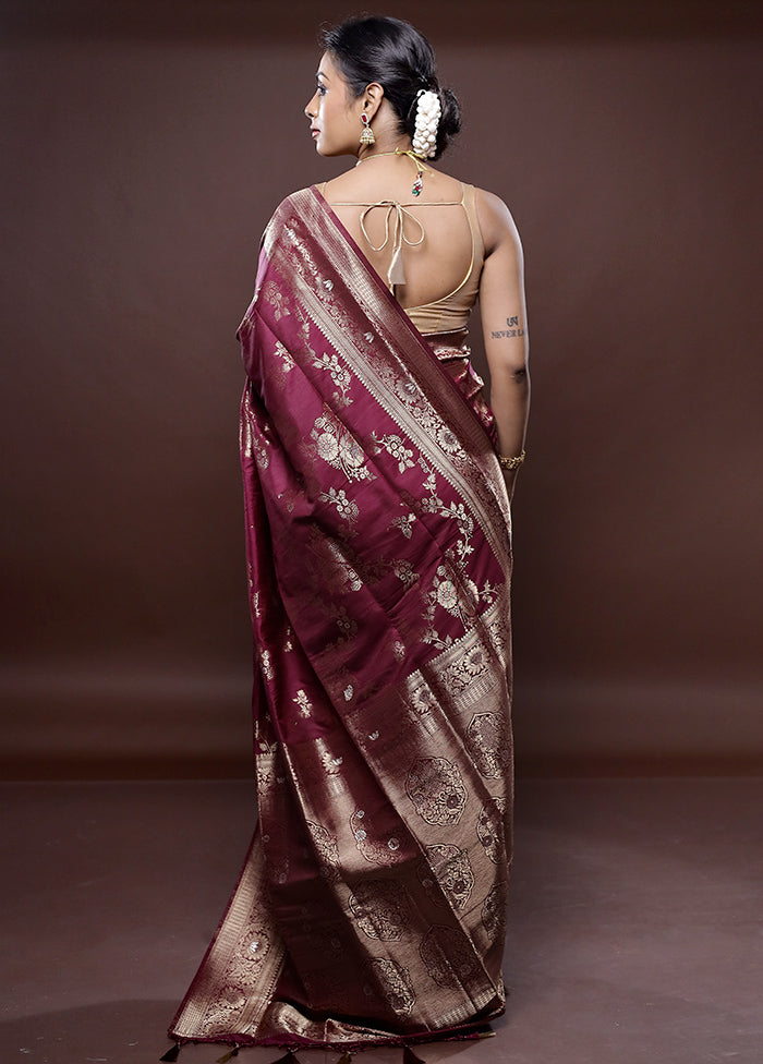 Maroon Dupion Silk Saree Without Blouse Piece - Indian Silk House Agencies