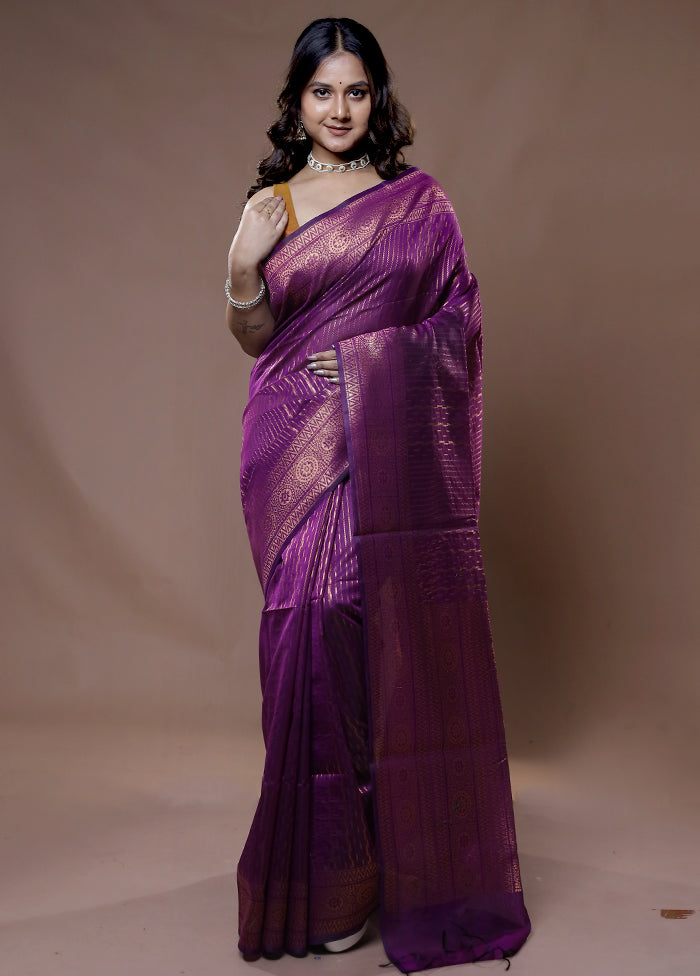 Purple Cotton Saree With Blouse Piece - Indian Silk House Agencies