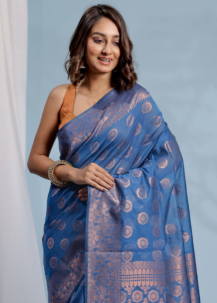 Blue Cotton Saree With Blouse Piece - Indian Silk House Agencies