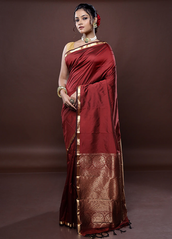 Maroon Kanjivaram Silk Saree Without Blouse Piece - Indian Silk House Agencies