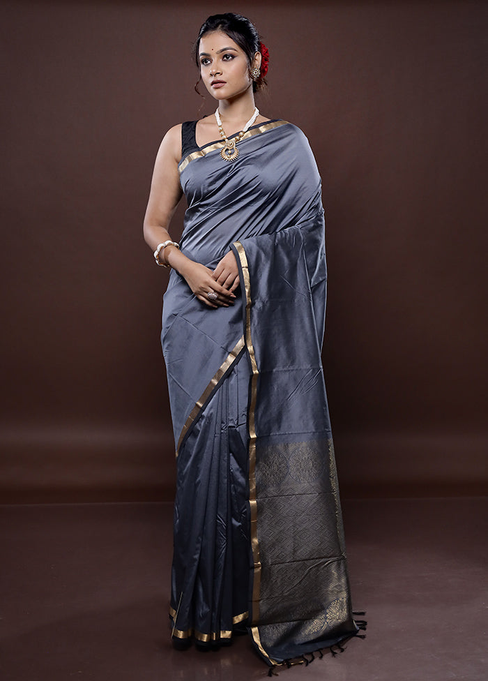 Grey Kanjivaram Silk Saree Without Blouse Piece - Indian Silk House Agencies