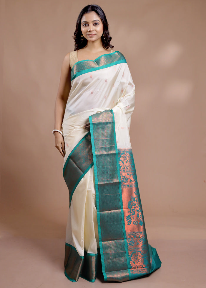 Cream Kanjivaram Silk Saree With Blouse Piece - Indian Silk House Agencies