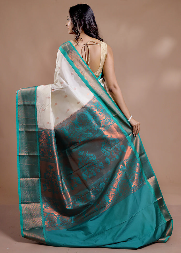 Cream Kanjivaram Silk Saree With Blouse Piece - Indian Silk House Agencies