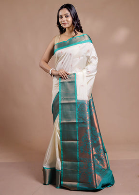 Cream Kanjivaram Silk Saree With Blouse Piece - Indian Silk House Agencies