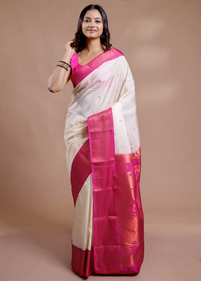 Cream Kanjivaram Silk Saree With Blouse Piece - Indian Silk House Agencies