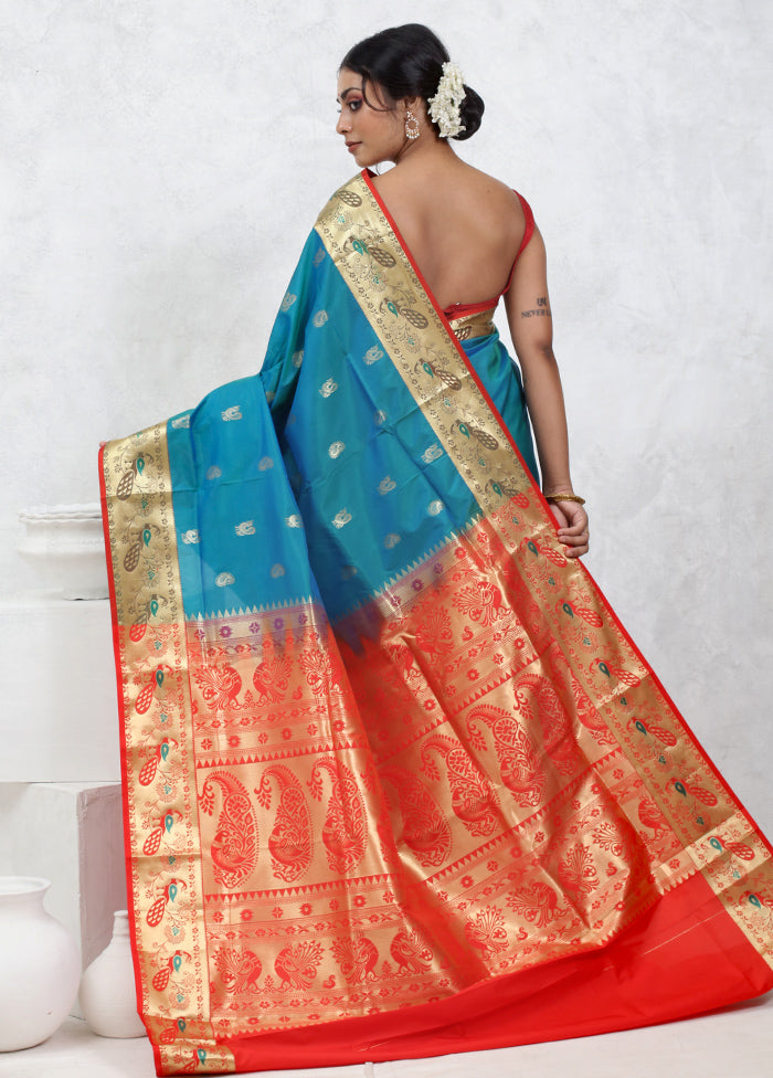 Blue Kanjivaram Silk Saree With Blouse Piece