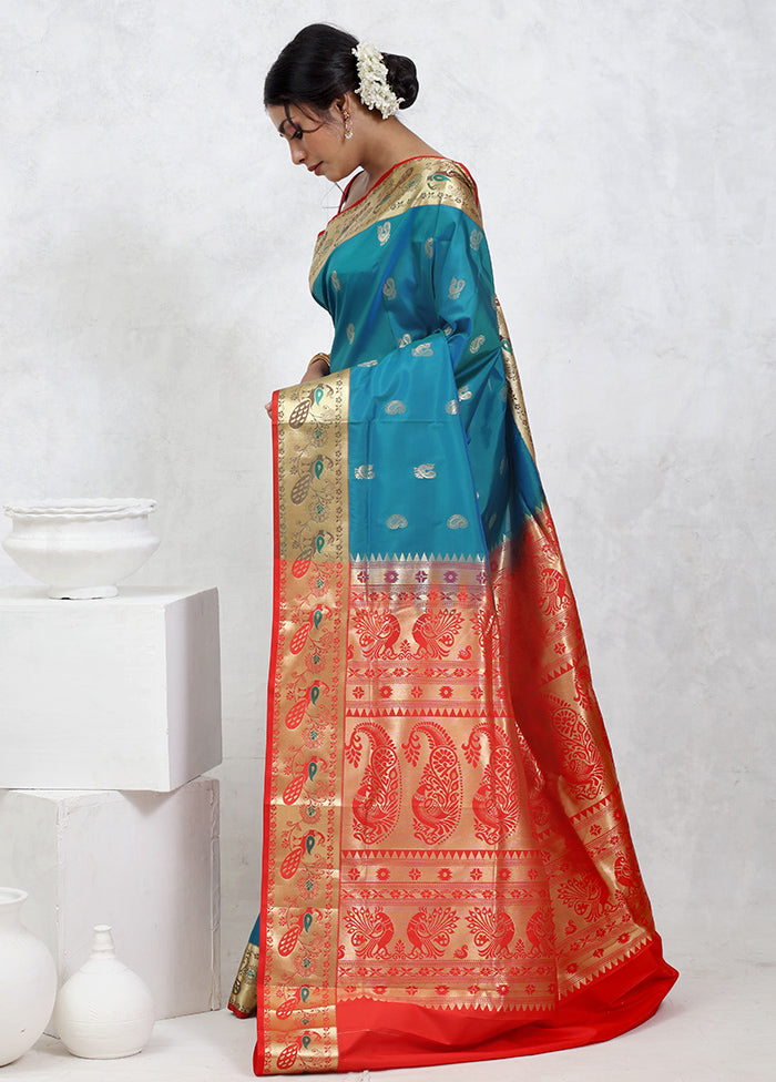 Blue Kanjivaram Silk Saree With Blouse Piece