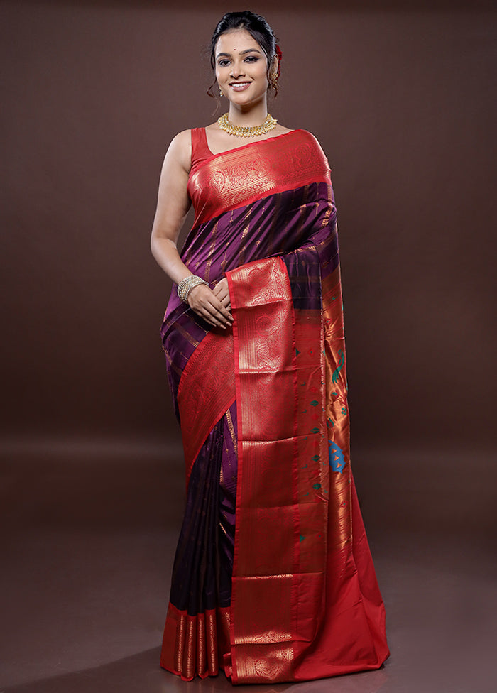 Purple Kanjivaram Silk Saree Without Blouse Piece - Indian Silk House Agencies