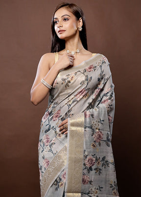 Grey Dupion Silk Saree With Blouse Piece - Indian Silk House Agencies