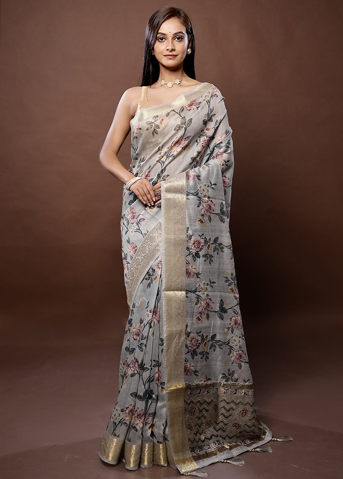 Grey Dupion Silk Saree With Blouse Piece - Indian Silk House Agencies