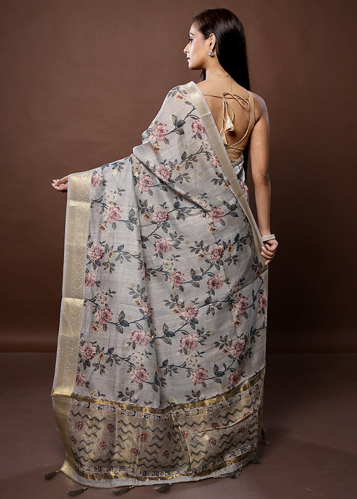 Grey Dupion Silk Saree With Blouse Piece