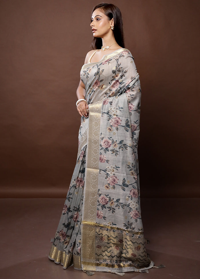 Grey Dupion Silk Saree With Blouse Piece