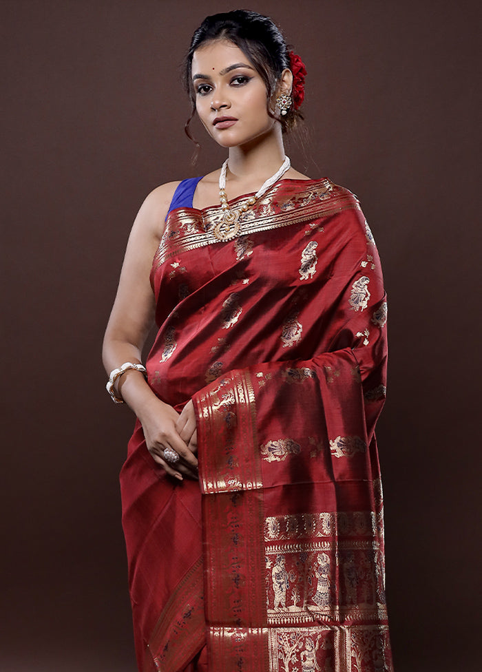 Maroon Baluchari Pure Silk Saree Without Blouse Piece - Indian Silk House Agencies