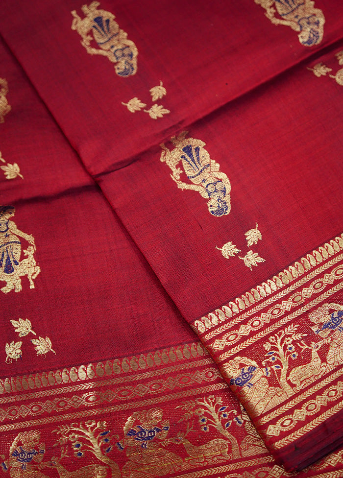 Maroon Baluchari Pure Silk Saree Without Blouse Piece - Indian Silk House Agencies