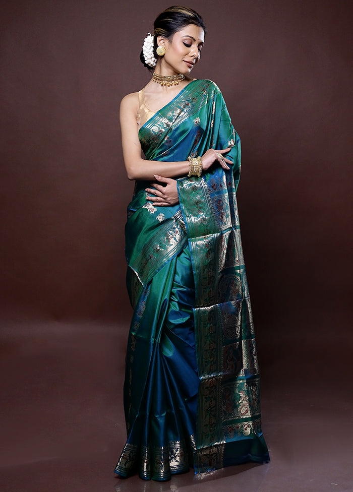 Green Baluchari Pure Silk Saree Without Blouse Piece - Indian Silk House Agencies