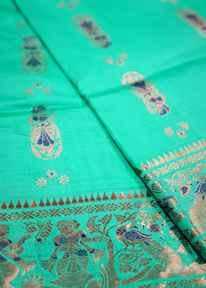 Green Baluchari Pure Silk Saree Without Blouse Piece - Indian Silk House Agencies