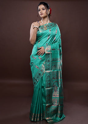 Green Baluchari Pure Silk Saree Without Blouse Piece - Indian Silk House Agencies