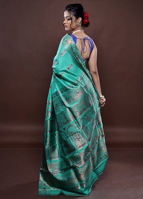 Green Baluchari Pure Silk Saree Without Blouse Piece - Indian Silk House Agencies