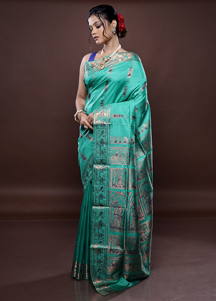 Green Baluchari Pure Silk Saree Without Blouse Piece - Indian Silk House Agencies