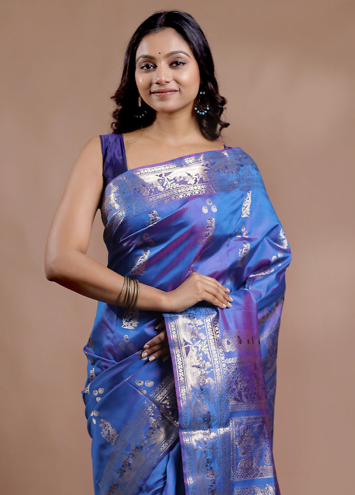 Blue Baluchari Pure Silk Saree With Blouse Piece - Indian Silk House Agencies