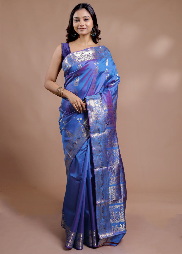 Blue Baluchari Pure Silk Saree With Blouse Piece - Indian Silk House Agencies