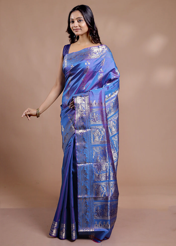 Blue Baluchari Pure Silk Saree With Blouse Piece - Indian Silk House Agencies